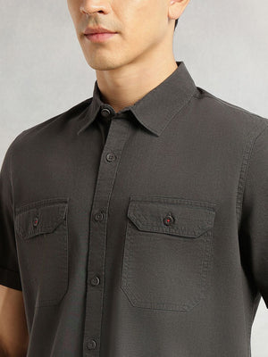 Steel Grey Men Cricket Club Collection Premium Slim Fit Casual Shirt For Men-Dual Flap Pockets With Short Sleeves