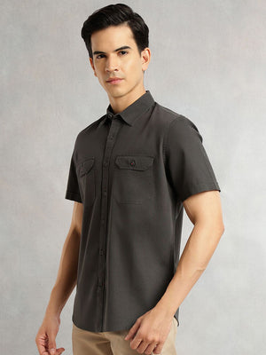Steel Grey Men Cricket Club Collection Premium Slim Fit Casual Shirt For Men-Dual Flap Pockets With Short Sleeves