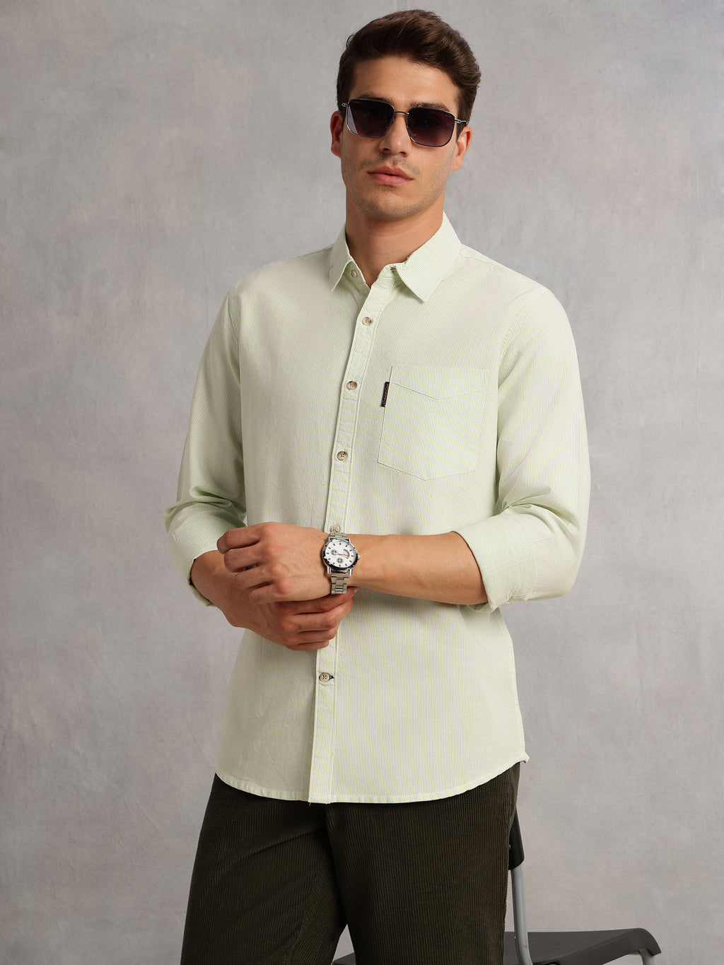 Thomas Scott Men Green Cricket Club Collection Regular Fit Pinstripes Long Sleeves Spread Collar 100% Cotton Oxford Casual Shirt