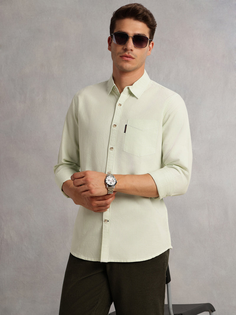 Thomas Scott Men Green Cricket Club Collection Regular Fit Pinstripes Long Sleeves Spread Collar 100% Cotton Oxford Casual Shirt
