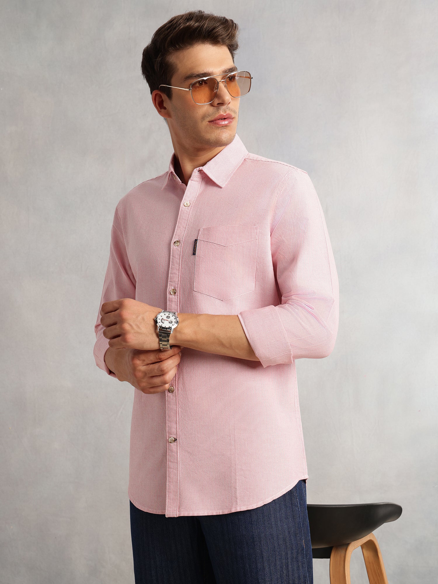 Thomas Scott Men Red Cricket Club Collection Regular Fit Pinstripes Long Sleeves Spread Collar 100% Cotton Oxford Casual Shirt
