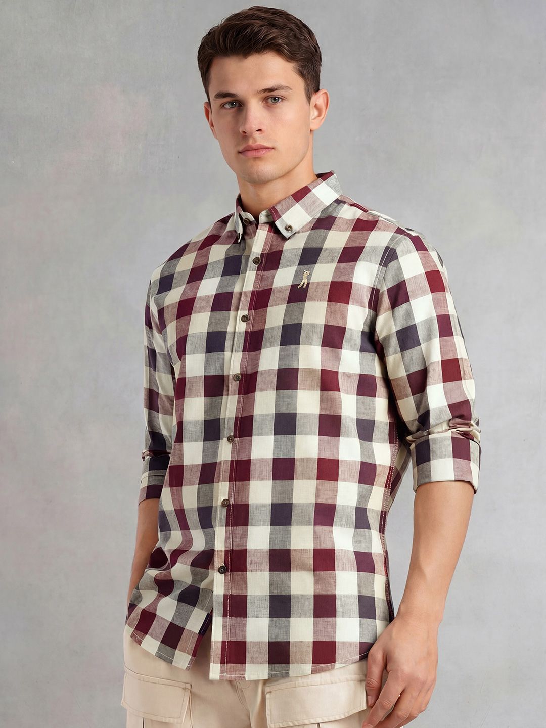 Maroon Cricket Club Collection Long Sleeves Button-Down Collar Cotton Linen Gingham Checks Shirt For Men