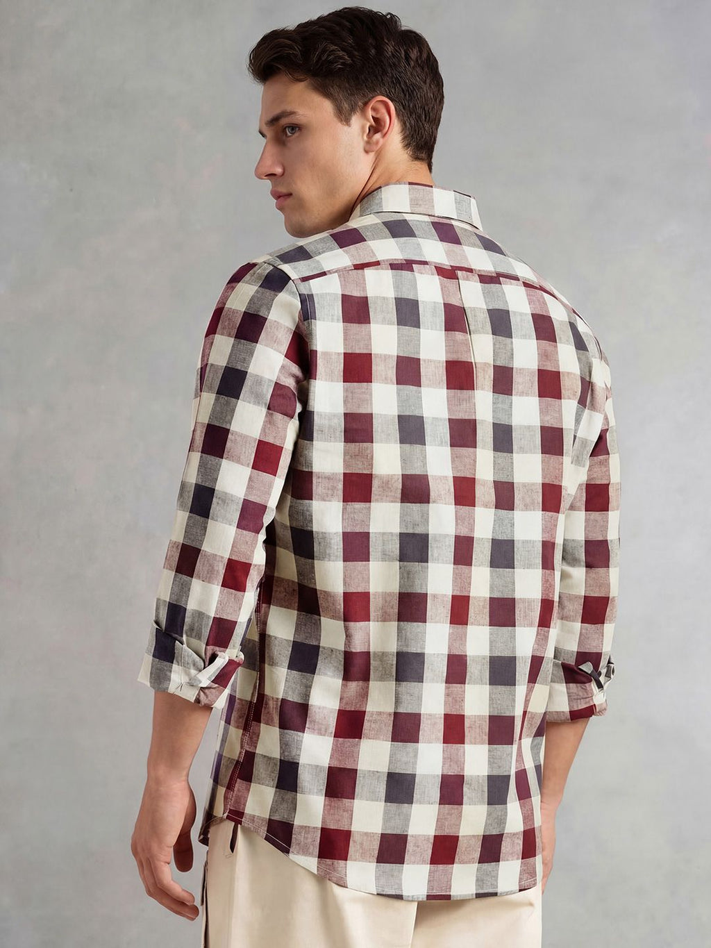 Maroon Cricket Club Collection Long Sleeves Button-Down Collar Cotton Linen Gingham Checks Shirt For Men
