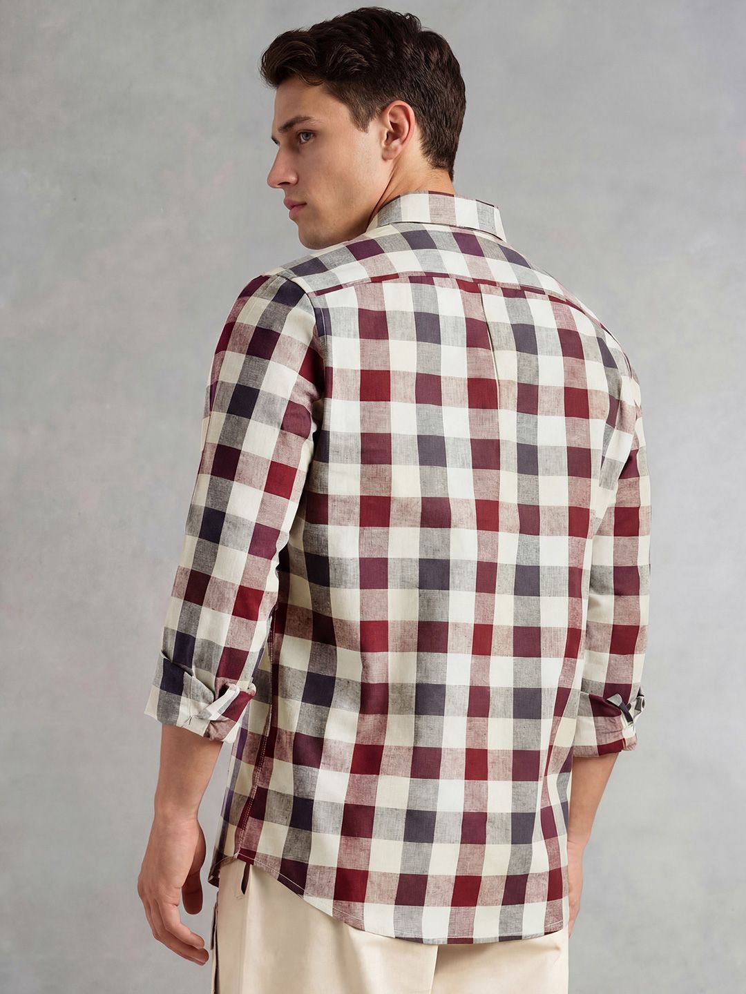 Maroon Cricket Club Collection Long Sleeves Button-Down Collar Cotton Linen Gingham Checks Shirt For Men