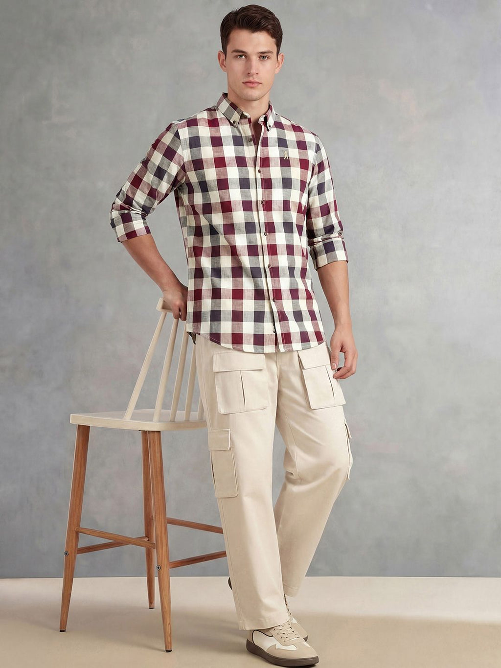 Maroon Cricket Club Collection Long Sleeves Button-Down Collar Cotton Linen Gingham Checks Shirt For Men