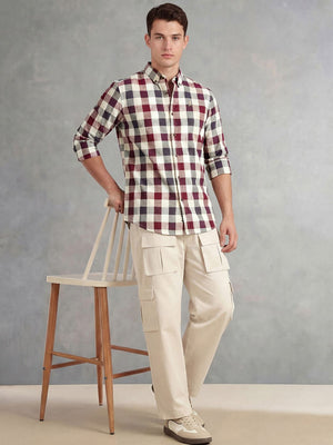 Maroon Cricket Club Collection Long Sleeves Button-Down Collar Cotton Linen Gingham Checks Shirt For Men