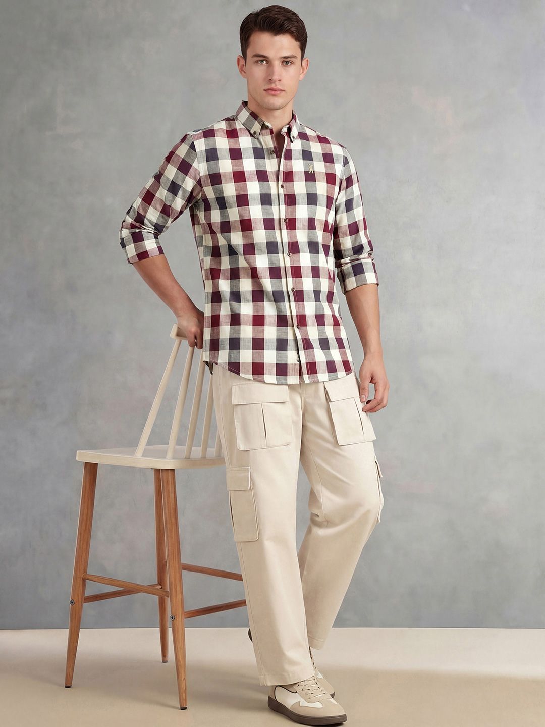 Maroon Cricket Club Collection Long Sleeves Button-Down Collar Cotton Linen Gingham Checks Shirt For Men