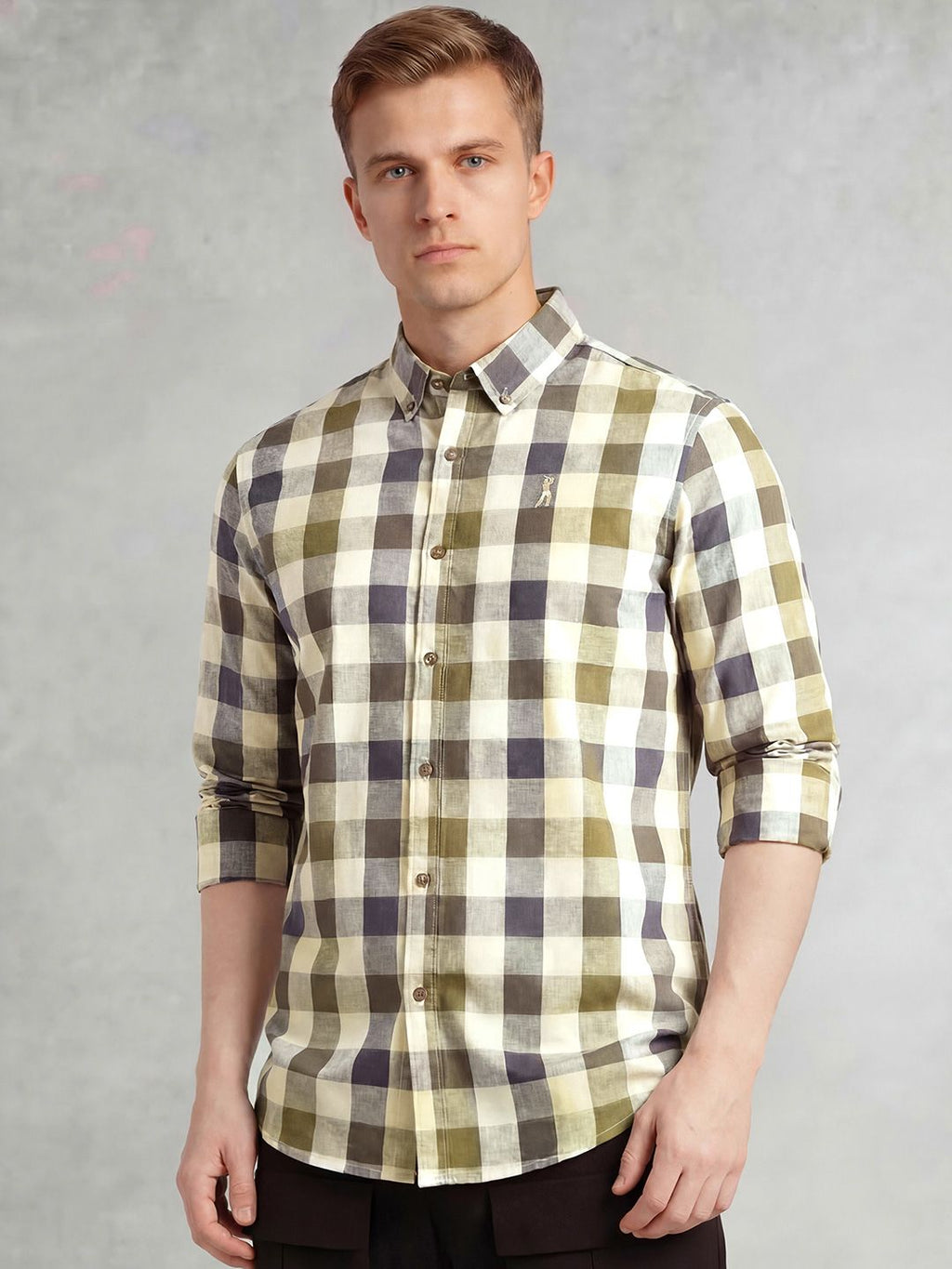 Navy Cricket Club Collection Long Sleeves Button-Down Collar Cotton Linen Gingham Checks Shirt For Men