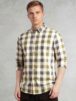 Navy Cricket Club Collection Long Sleeves Button-Down Collar Cotton Linen Gingham Checks Shirt For Men