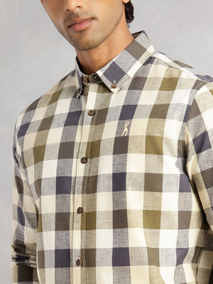 Navy Cricket Club Collection Long Sleeves Button-Down Collar Cotton Linen Gingham Checks Shirt For Men