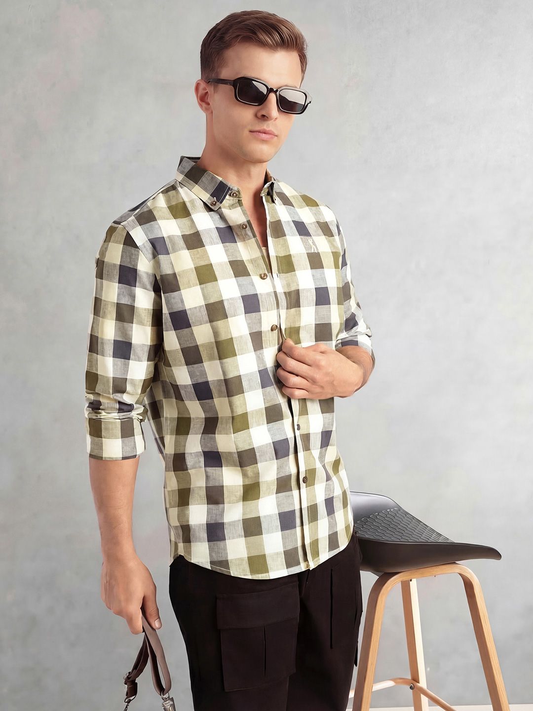 Navy Cricket Club Collection Long Sleeves Button-Down Collar Cotton Linen Gingham Checks Shirt For Men