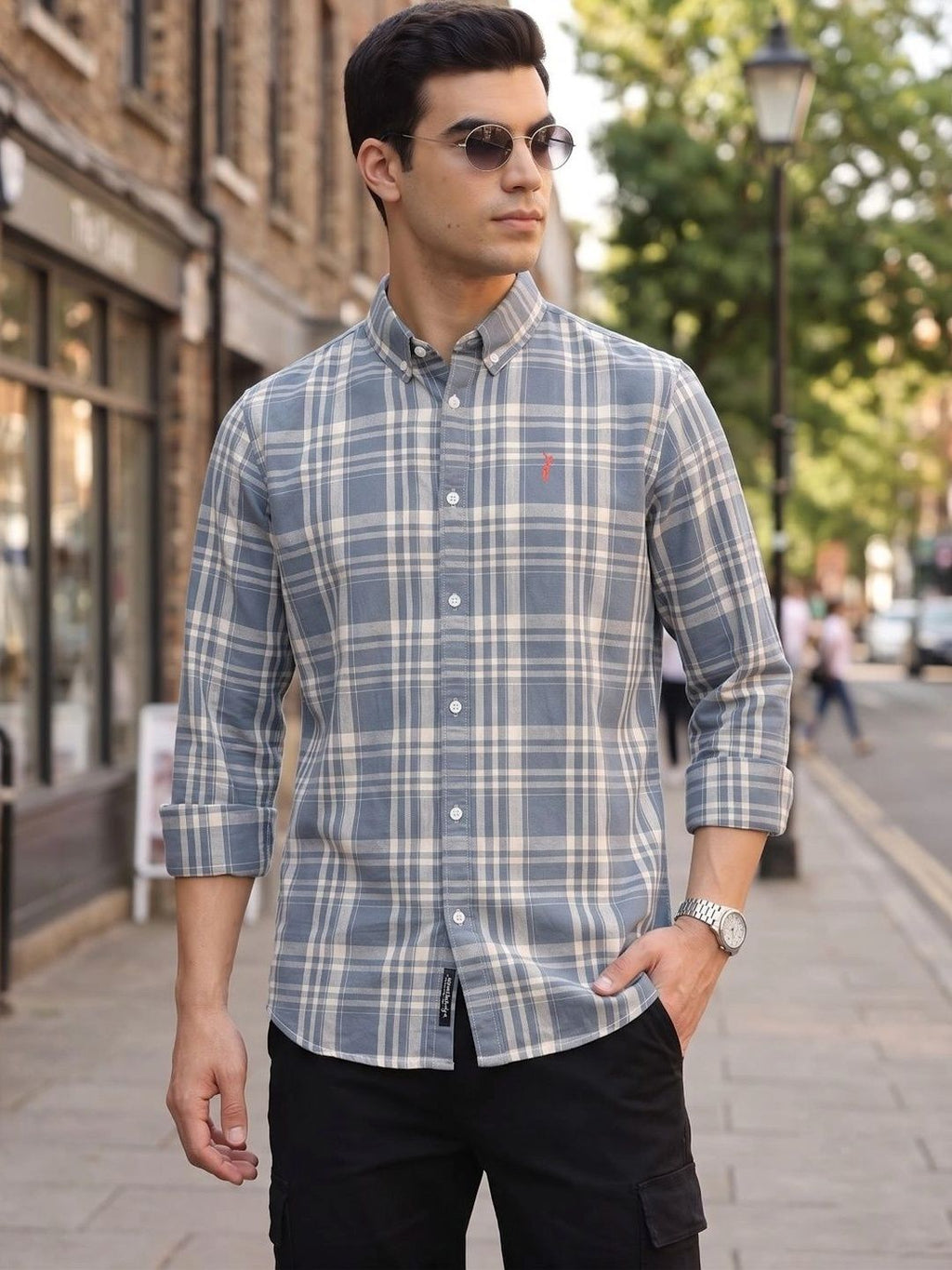 Dark Blue Premium Long Sleeves Regular Fit Tartan Checks Button-Down Collar Cotton Linen Shirt For Men