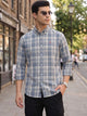 Dark Blue Premium Long Sleeves Regular Fit Tartan Checks Button-Down Collar Cotton Linen Shirt For Men