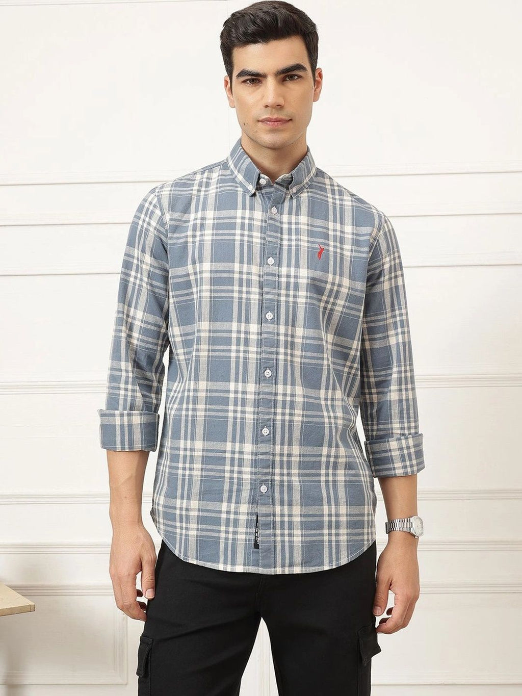 Dark Blue Premium Long Sleeves Regular Fit Tartan Checks Button-Down Collar Cotton Linen Shirt For Men