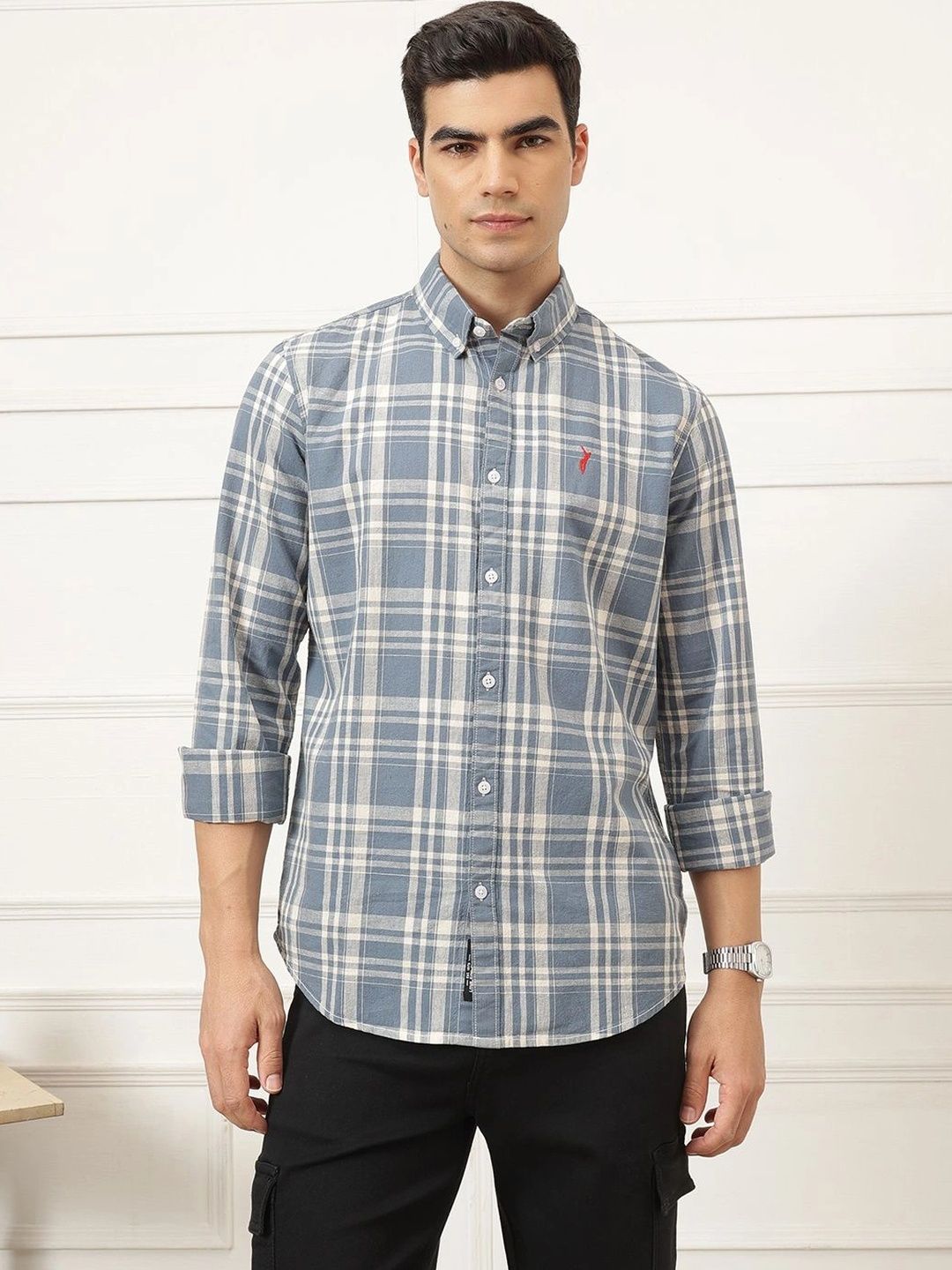 Dark Blue Premium Long Sleeves Regular Fit Tartan Checks Button-Down Collar Cotton Linen Shirt For Men