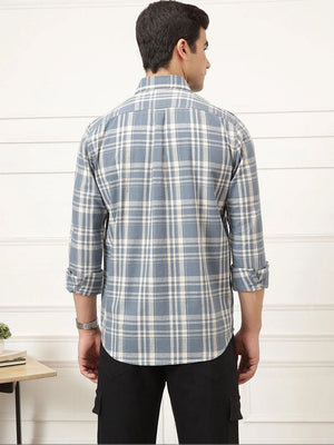 Dark Blue Premium Long Sleeves Regular Fit Tartan Checks Button-Down Collar Cotton Linen Shirt For Men