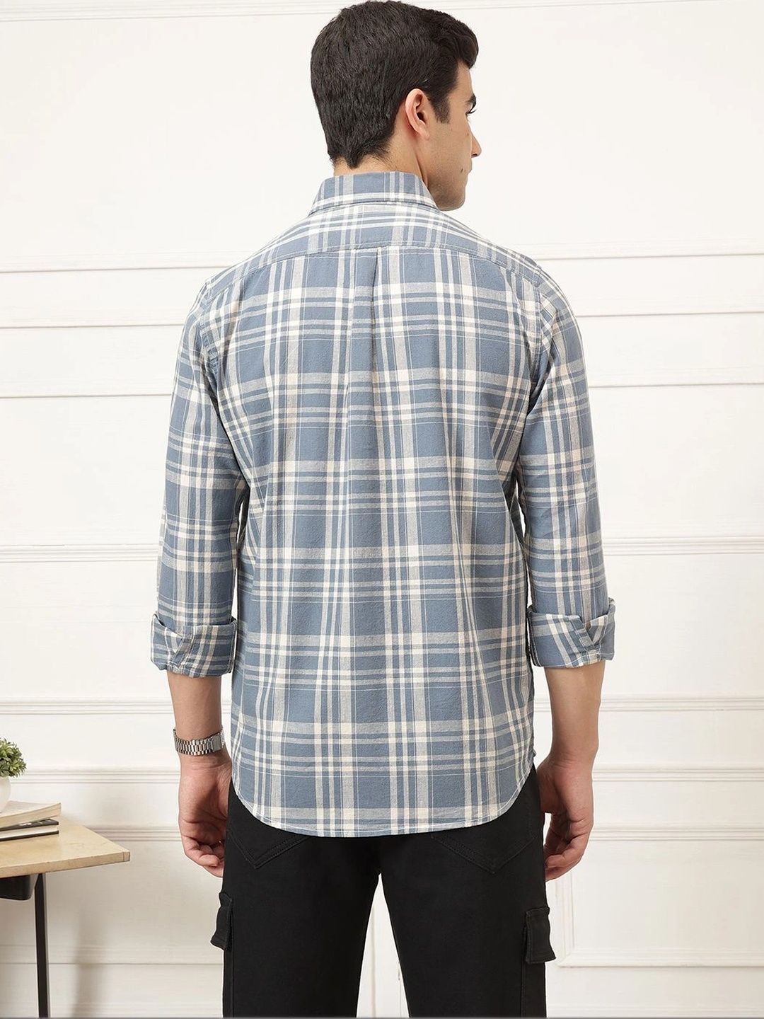 Dark Blue Premium Long Sleeves Regular Fit Tartan Checks Button-Down Collar Cotton Linen Shirt For Men
