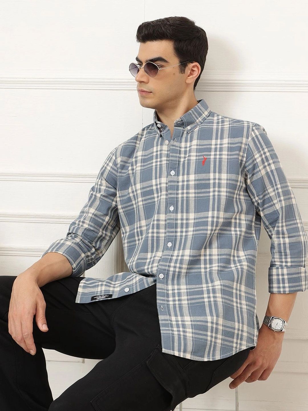 Dark Blue Premium Long Sleeves Regular Fit Tartan Checks Button-Down Collar Cotton Linen Shirt For Men