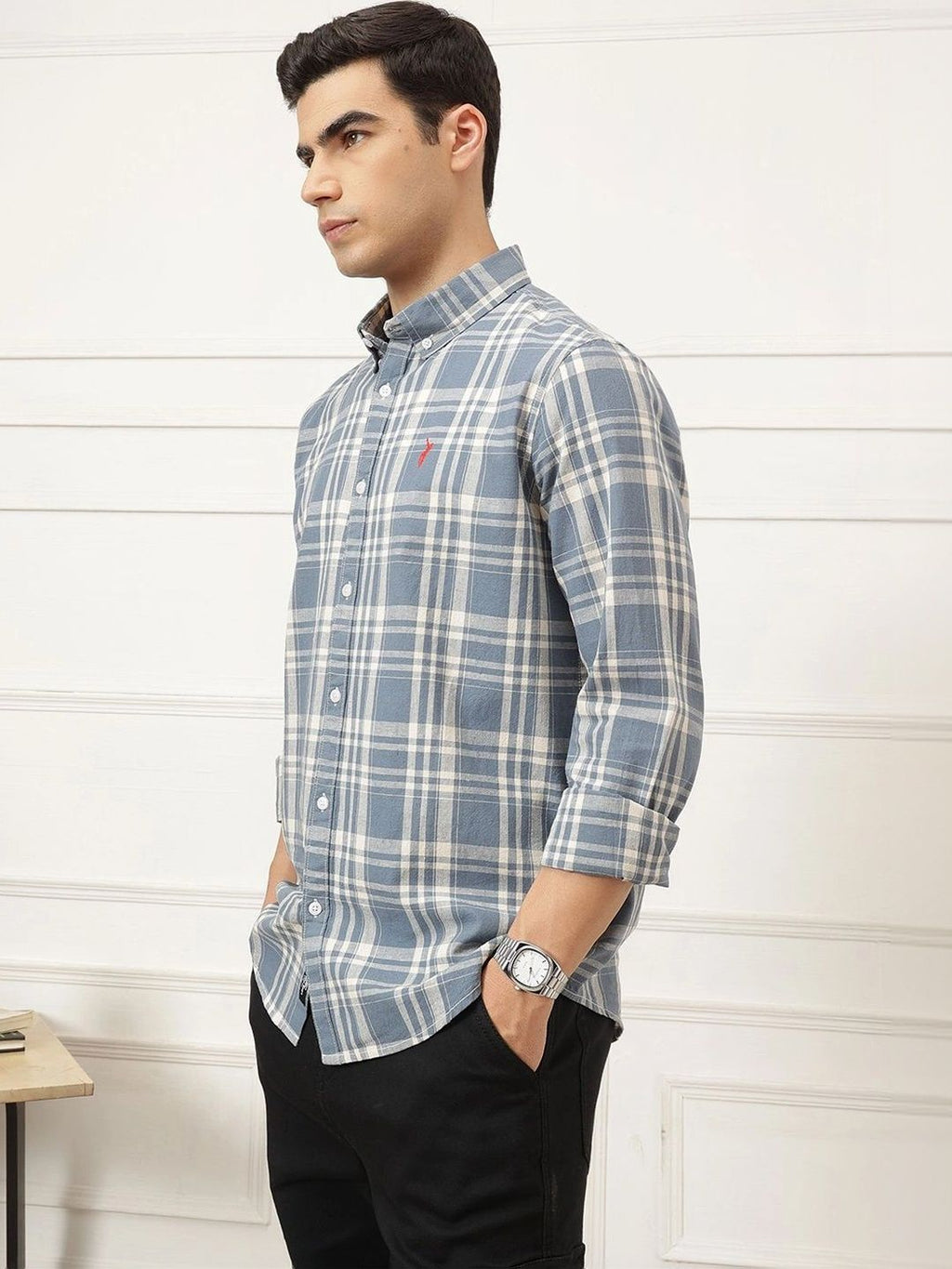 Dark Blue Premium Long Sleeves Regular Fit Tartan Checks Button-Down Collar Cotton Linen Shirt For Men