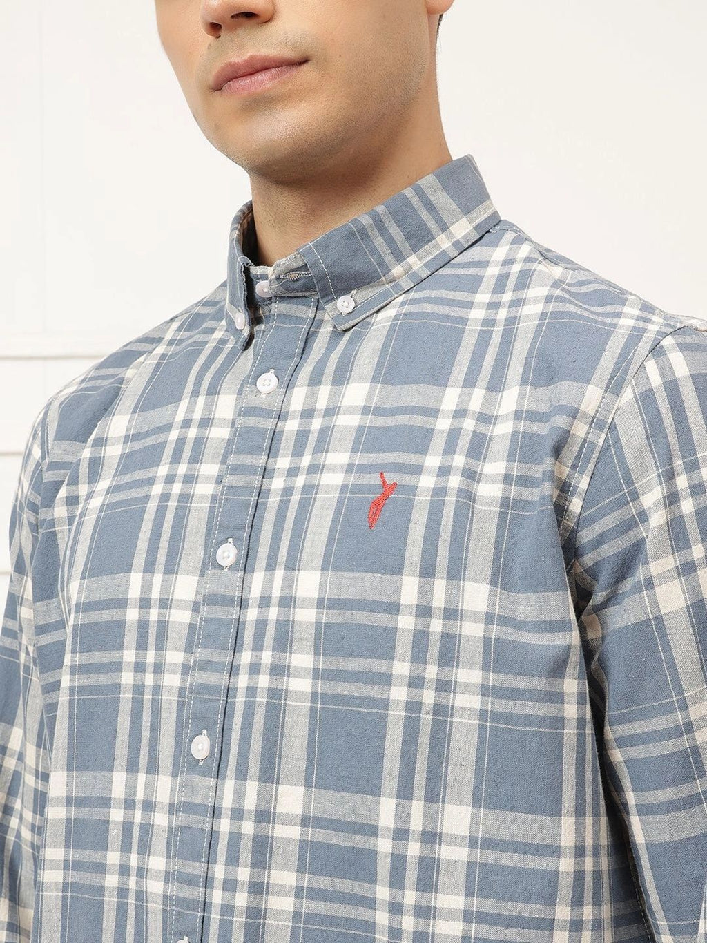 Dark Blue Premium Long Sleeves Regular Fit Tartan Checks Button-Down Collar Cotton Linen Shirt For Men