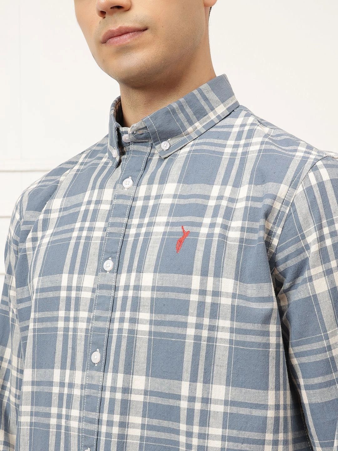 Dark Blue Premium Long Sleeves Regular Fit Tartan Checks Button-Down Collar Cotton Linen Shirt For Men