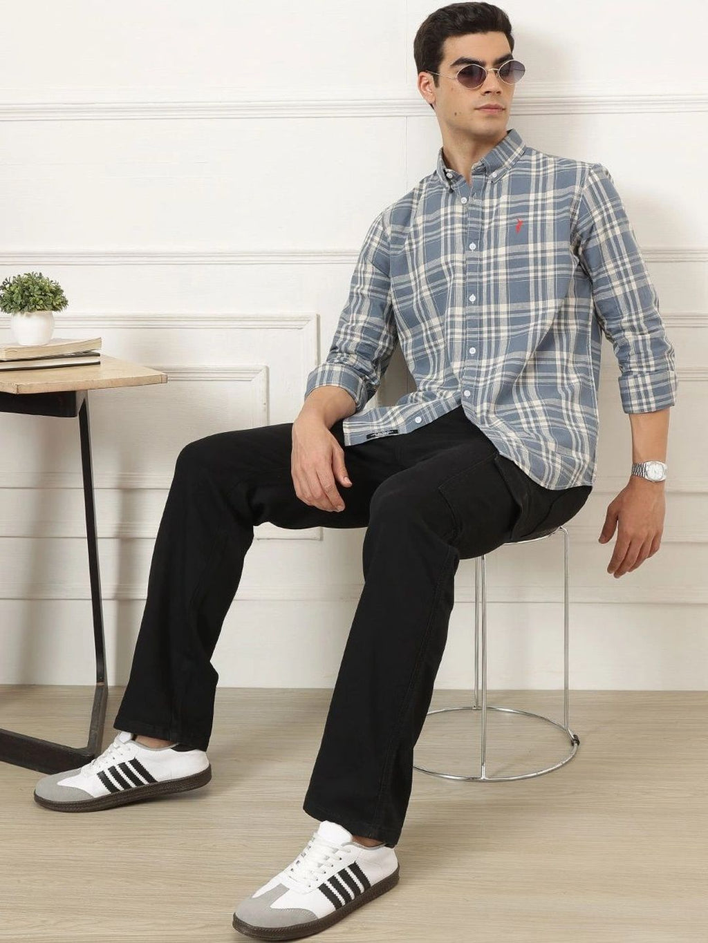 Dark Blue Premium Long Sleeves Regular Fit Tartan Checks Button-Down Collar Cotton Linen Shirt For Men