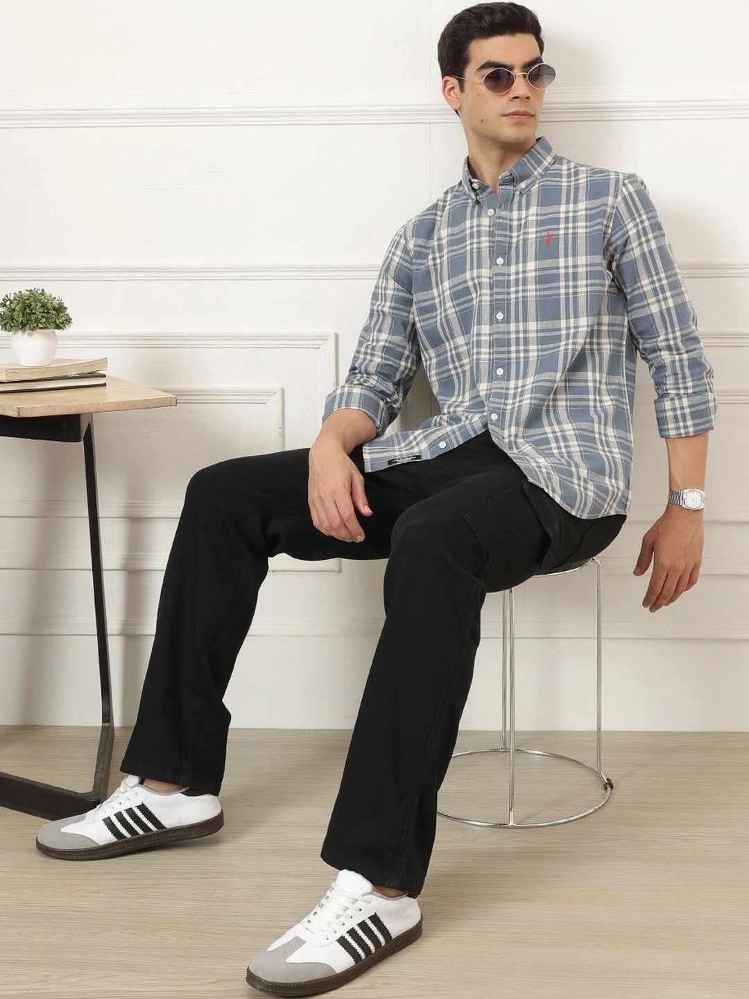 Dark Blue Premium Long Sleeves Regular Fit Tartan Checks Button-Down Collar Cotton Linen Shirt For Men