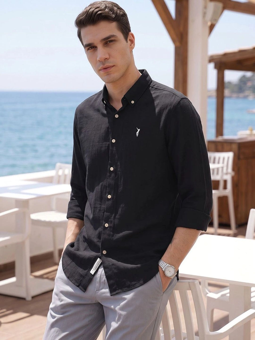 Black Premium Regular Fit Long Sleeves Button Down Collar Cotton Casual Shirt For Men