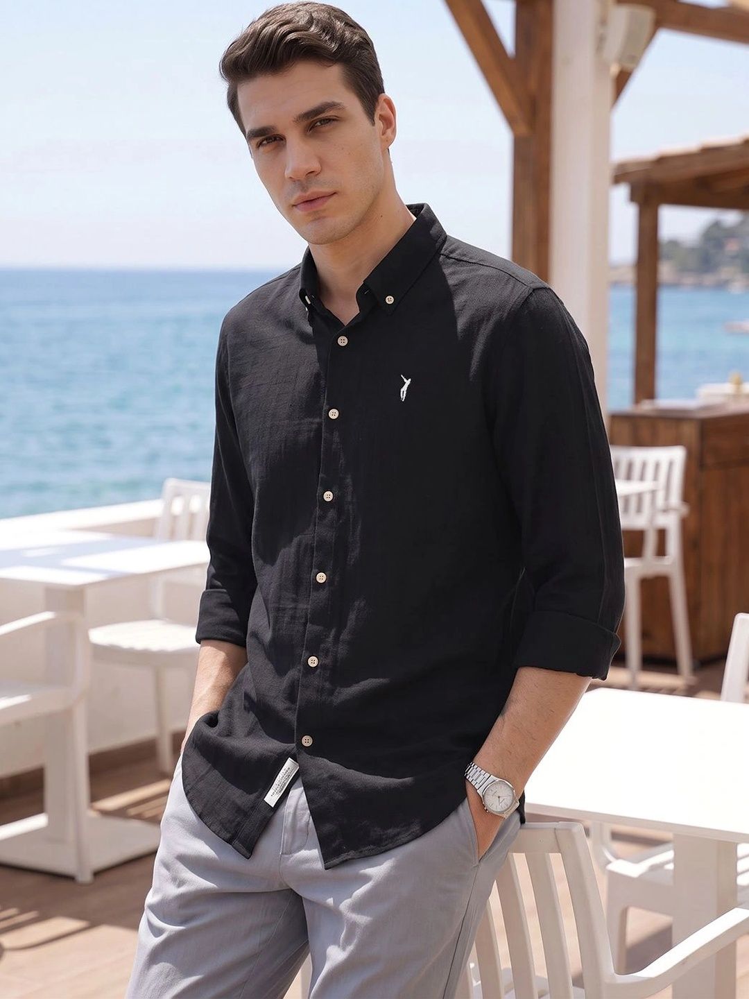 Black Premium Regular Fit Long Sleeves Button Down Collar Cotton Casual Shirt For Men