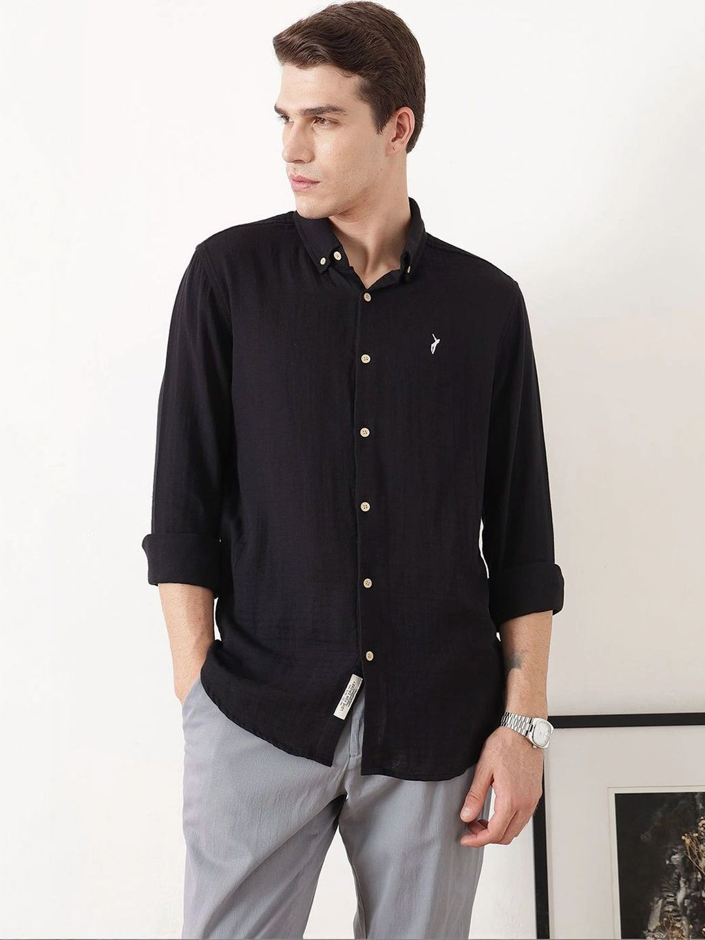 Black Premium Regular Fit Long Sleeves Button Down Collar Cotton Casual Shirt For Men