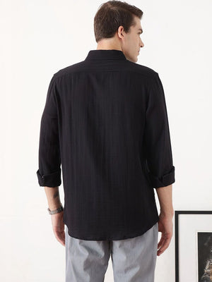 Black Premium Regular Fit Long Sleeves Button Down Collar Cotton Casual Shirt For Men