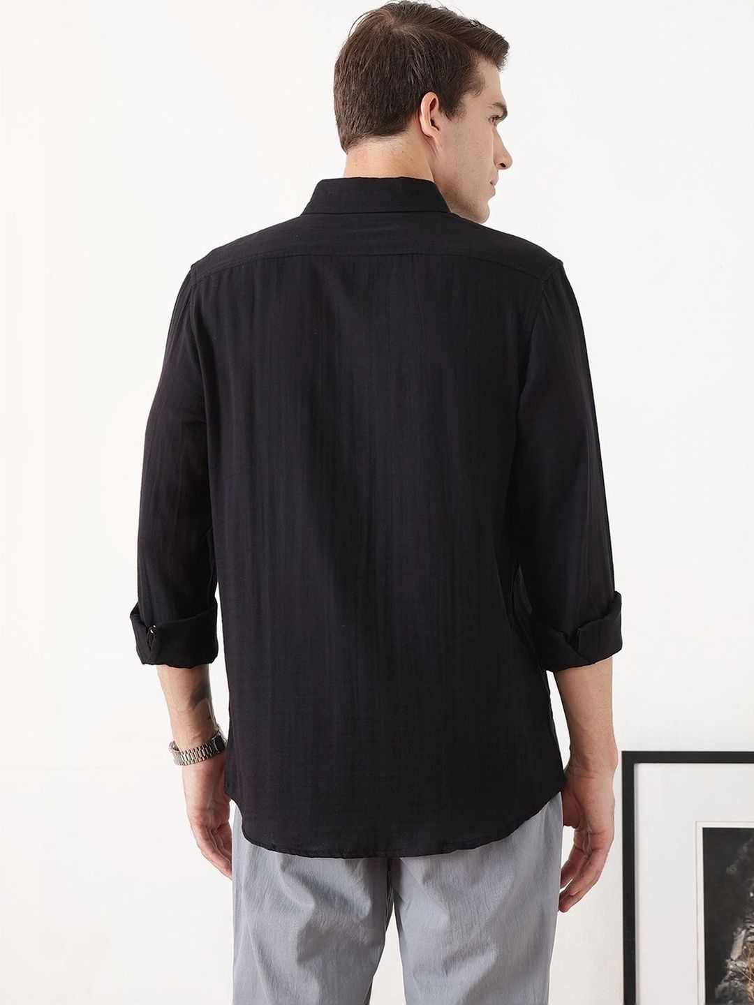 Black Premium Regular Fit Long Sleeves Button Down Collar Cotton Casual Shirt For Men