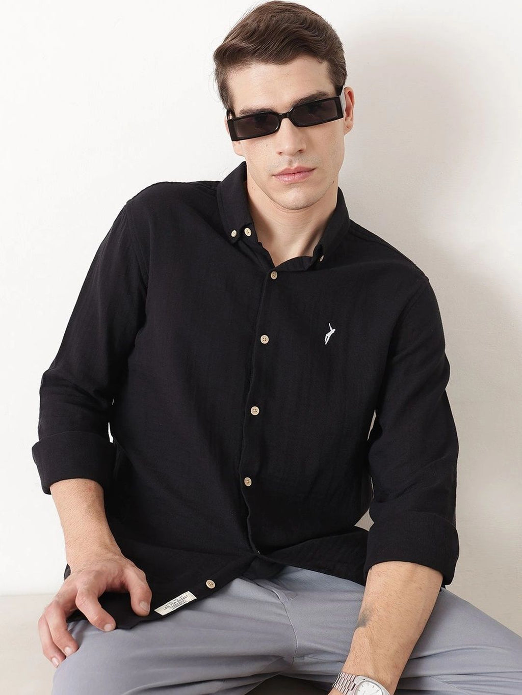 Black Premium Regular Fit Long Sleeves Button Down Collar Cotton Casual Shirt For Men