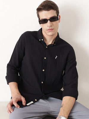 Black Premium Regular Fit Long Sleeves Button Down Collar Cotton Casual Shirt For Men