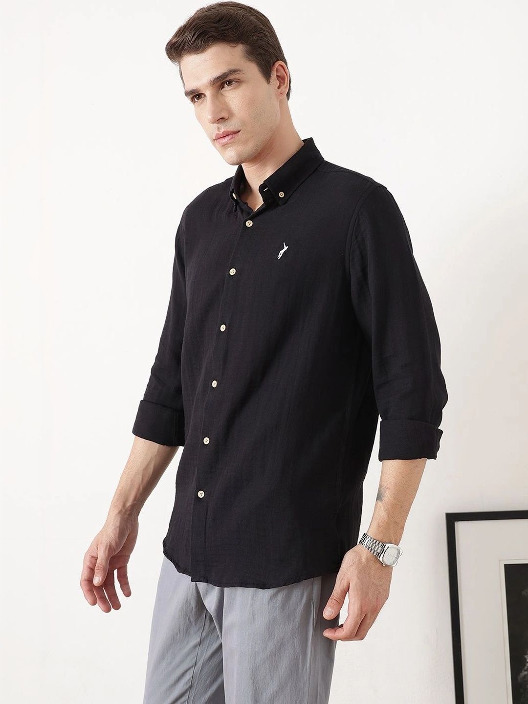 Black Premium Regular Fit Long Sleeves Button Down Collar Cotton Casual Shirt For Men
