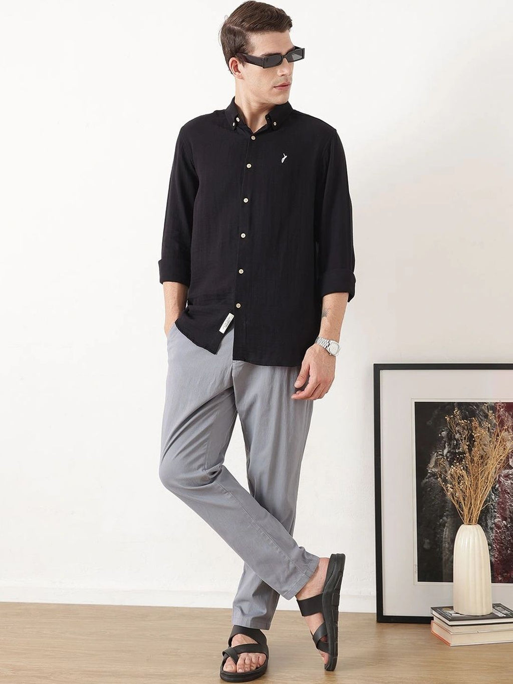 Black Premium Regular Fit Long Sleeves Button Down Collar Cotton Casual Shirt For Men