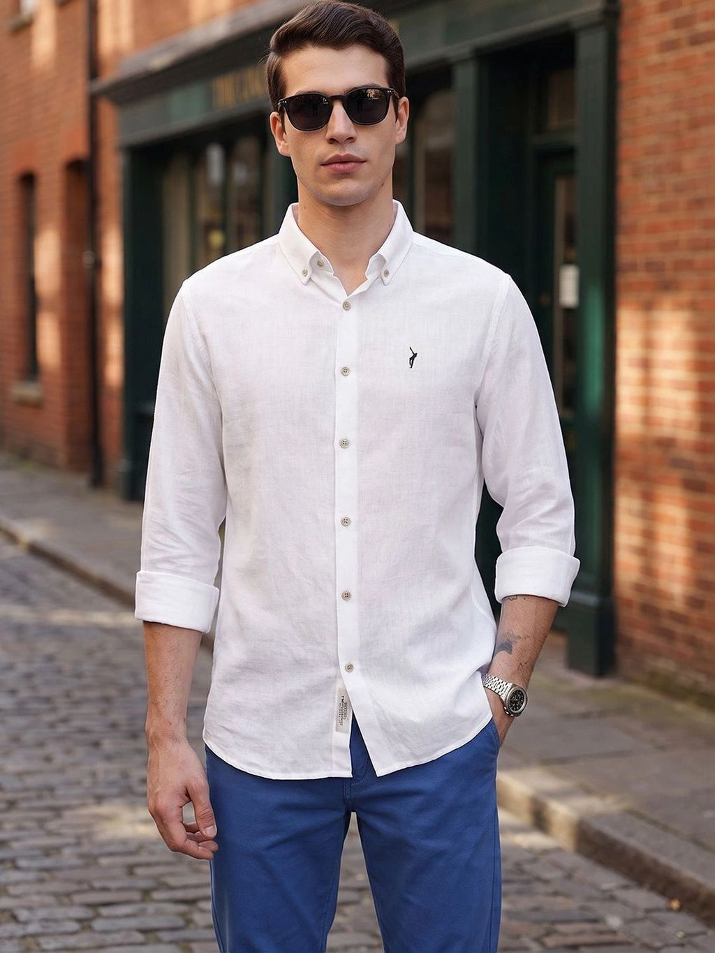 White Optical Premium Regular Fit Long Sleeves Button Down Collar Cotton Casual Shirt For Men
