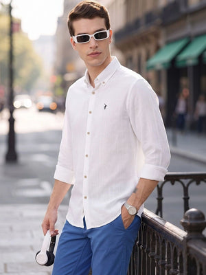 White Optical Premium Regular Fit Long Sleeves Button Down Collar Cotton Casual Shirt For Men