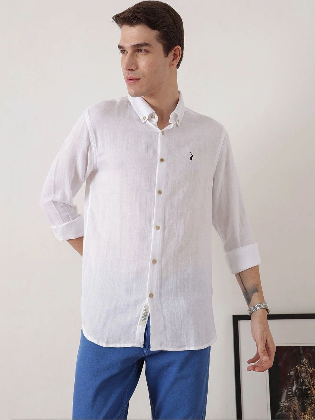 White Optical Premium Regular Fit Long Sleeves Button Down Collar Cotton Casual Shirt For Men