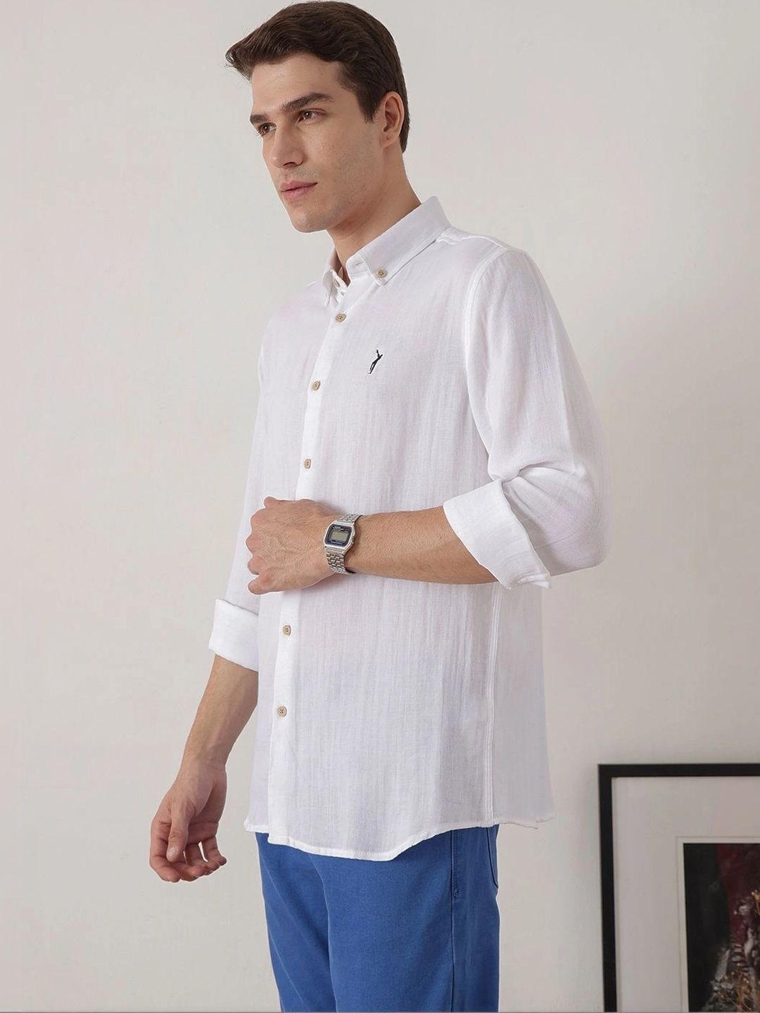 White Optical Premium Regular Fit Long Sleeves Button Down Collar Cotton Casual Shirt For Men