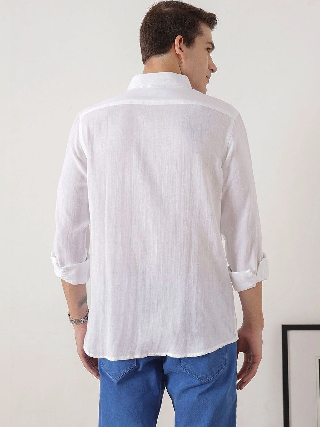 White Optical Premium Regular Fit Long Sleeves Button Down Collar Cotton Casual Shirt For Men