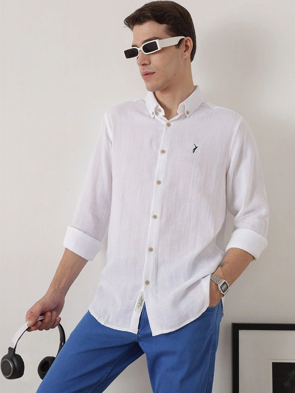 White Optical Premium Regular Fit Long Sleeves Button Down Collar Cotton Casual Shirt For Men