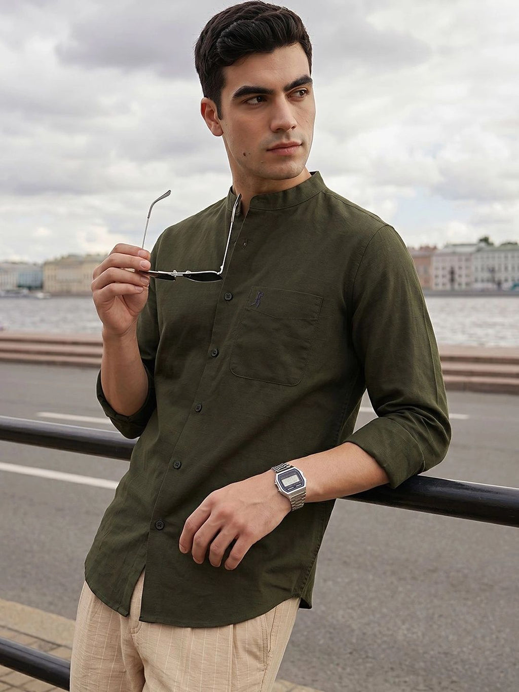Bottle Green Premium Slim Fit Long Sleeves Mandarin Collar Solid Cotton Linen Casual Shirt For Men