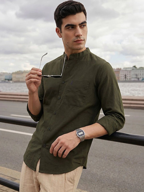 Bottle Green Premium Slim Fit Long Sleeves Mandarin Collar Solid Cotton Linen Casual Shirt For Men