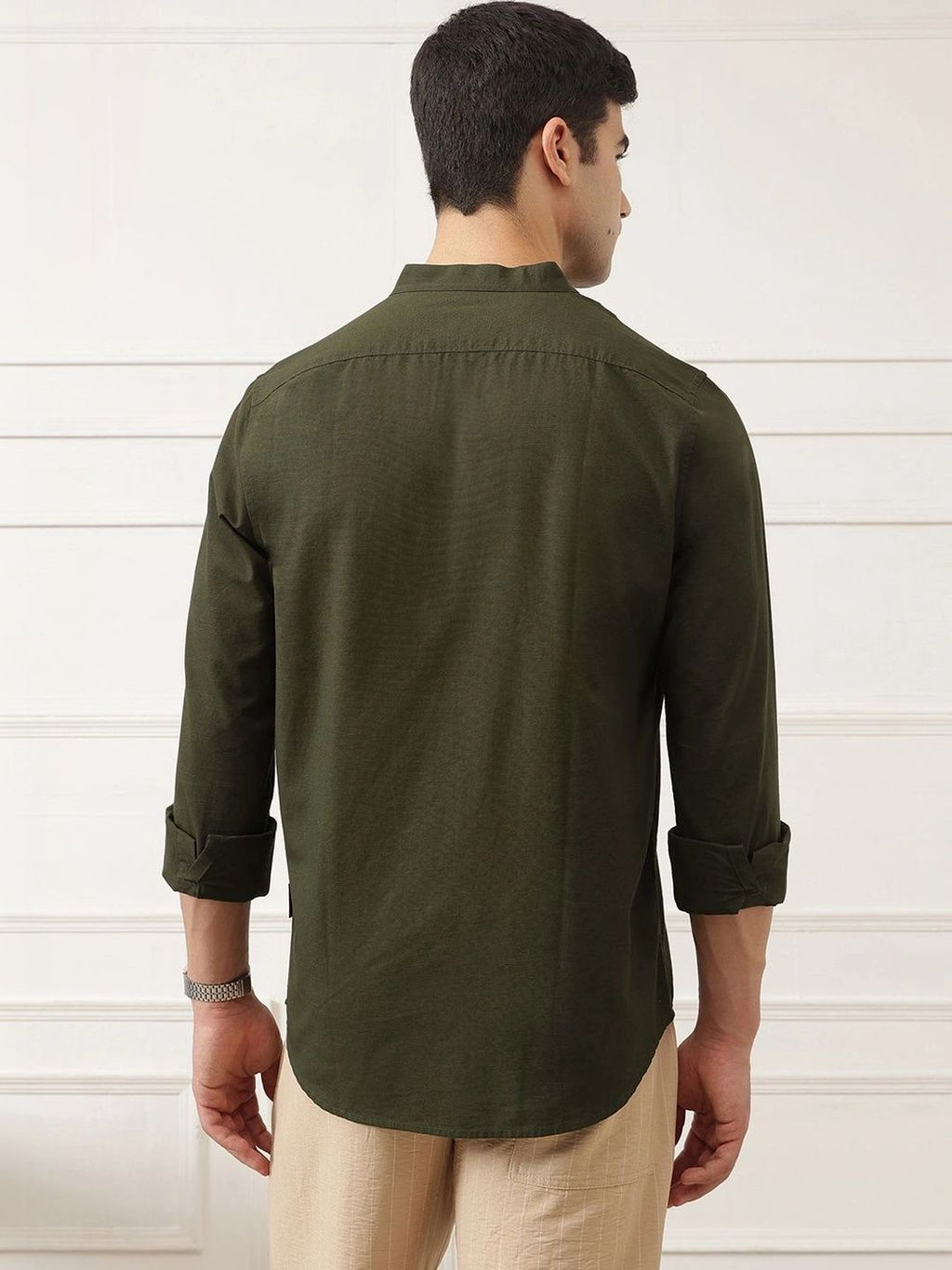 Bottle Green Premium Slim Fit Long Sleeves Mandarin Collar Solid Cotton Linen Casual Shirt For Men