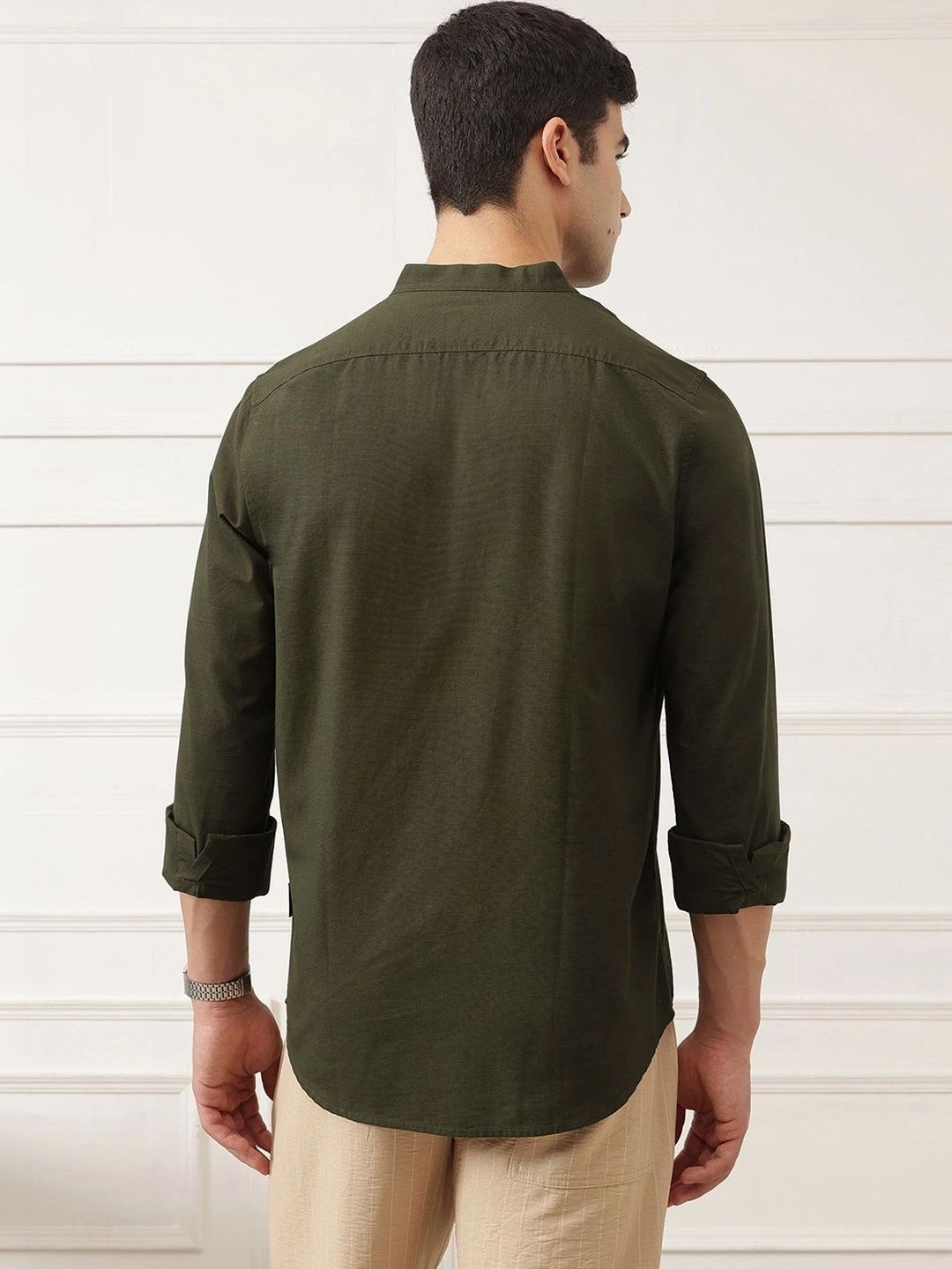 Bottle Green Slim Fit Long Sleeves Mandarin Collar Solid Cotton Linen Casual Shirt For Men