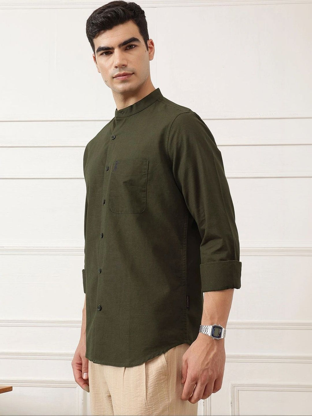 Bottle Green Slim Fit Long Sleeves Mandarin Collar Solid Cotton Linen Casual Shirt For Men