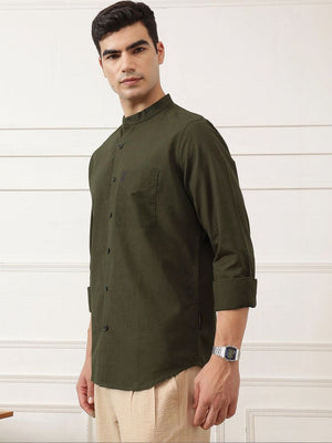 Bottle Green Slim Fit Long Sleeves Mandarin Collar Solid Cotton Linen Casual Shirt For Men