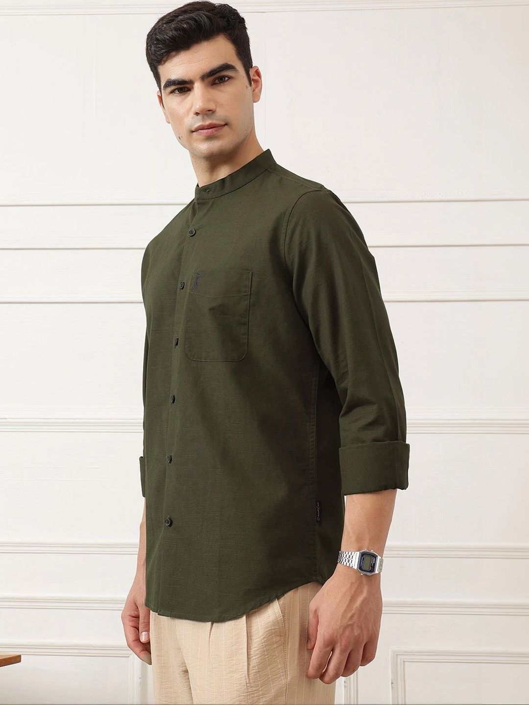 Bottle Green Slim Fit Long Sleeves Mandarin Collar Solid Cotton Linen Casual Shirt For Men