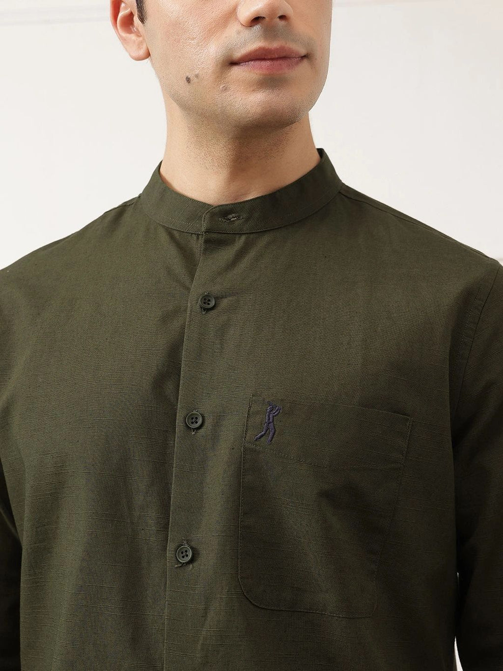 Bottle Green Slim Fit Long Sleeves Mandarin Collar Solid Cotton Linen Casual Shirt For Men